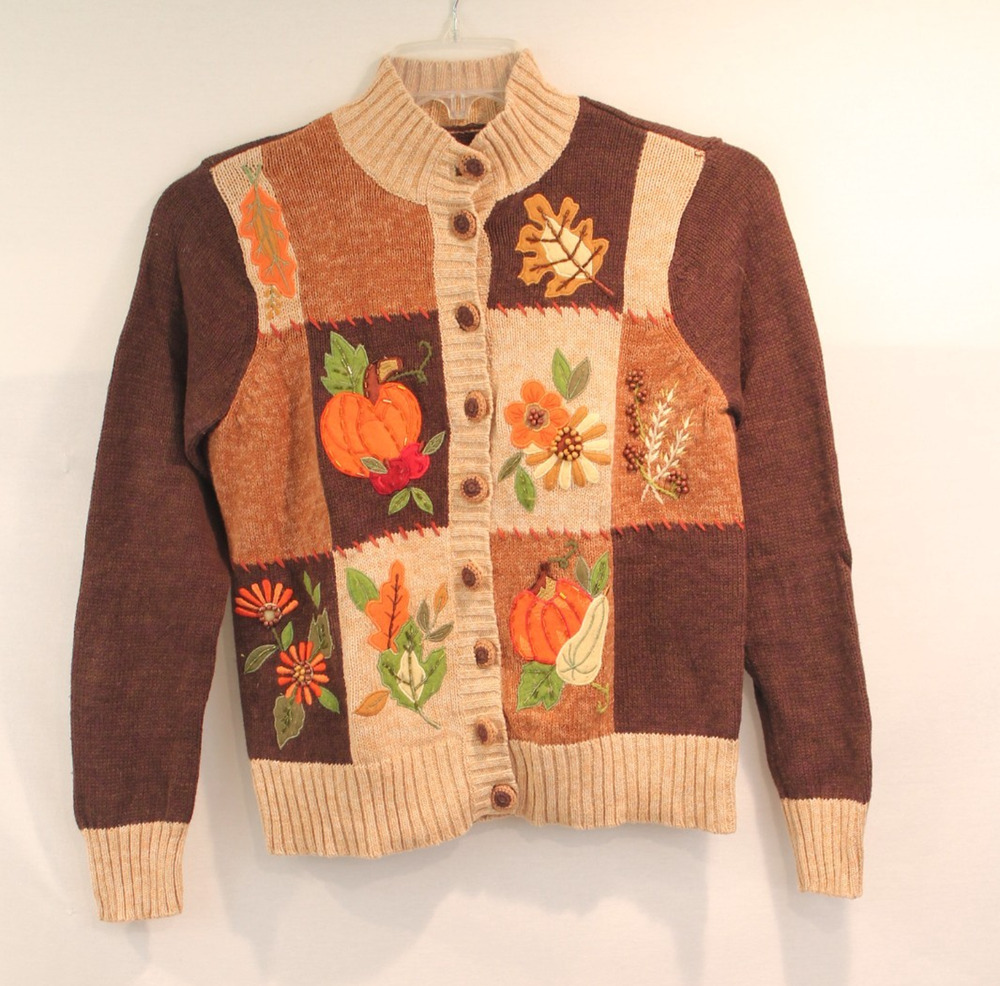 Womens Vintage Fall Harvest Patchwork Cardigan Sweater size S Brown Button-up
